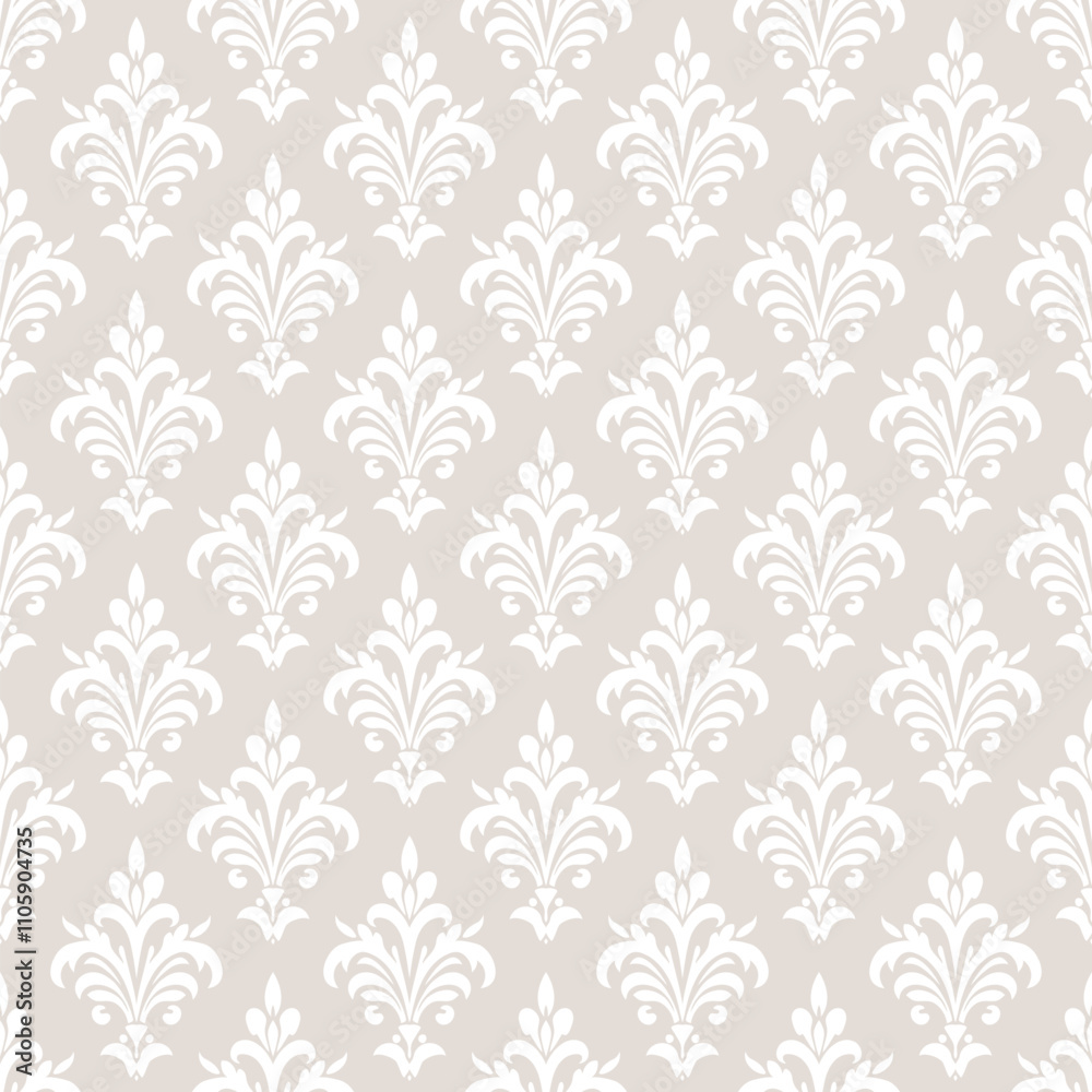 Elegant damask seamless pattern. Subtle vector ornamental background. Ornament in baroque, rococo, renaissance, revival style. Vintage beige and white texture. Repeat design with curly floral elements Elegant damask seamless pattern. Subtle vector ornamental background. Ornament in baroque, rococo, renaissance, revival style. Vintage beige and white texture. Repeat design with curly floral elements