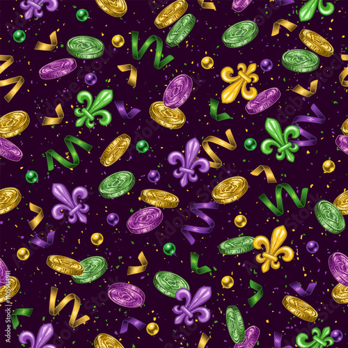 Mardi Gras themed seamless pattern with falling shiny coins, Fleur de Lis sign, scattered beads, confetti, trinkets on dark textured background. Coins with crown icon. Vintage style.
