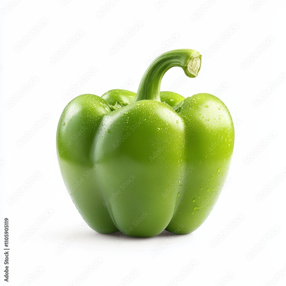 Vibrant Green Bell Pepper with Glossy Surface on White Background