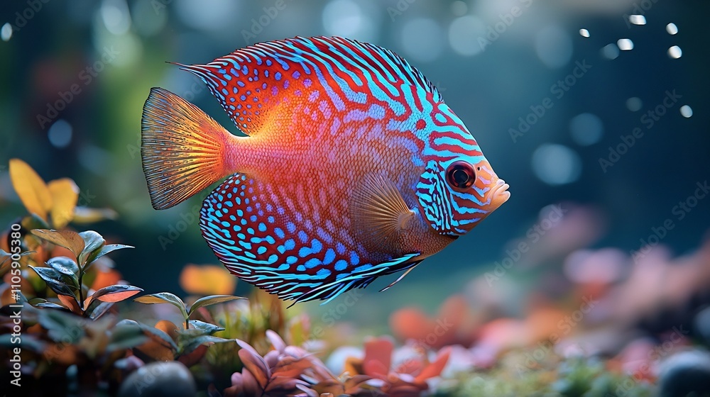 Vibrant Swirling Discus Fish Gracefully Hovering Near Underwater Plants Vibrant Swirling Discus Fish Gracefully Hovering Near Underwater Plants