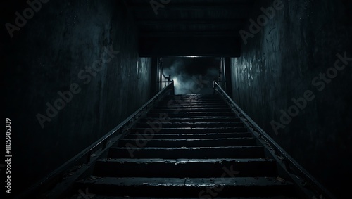 Dark staircase leading into the unknown, perfect for mystery themes.