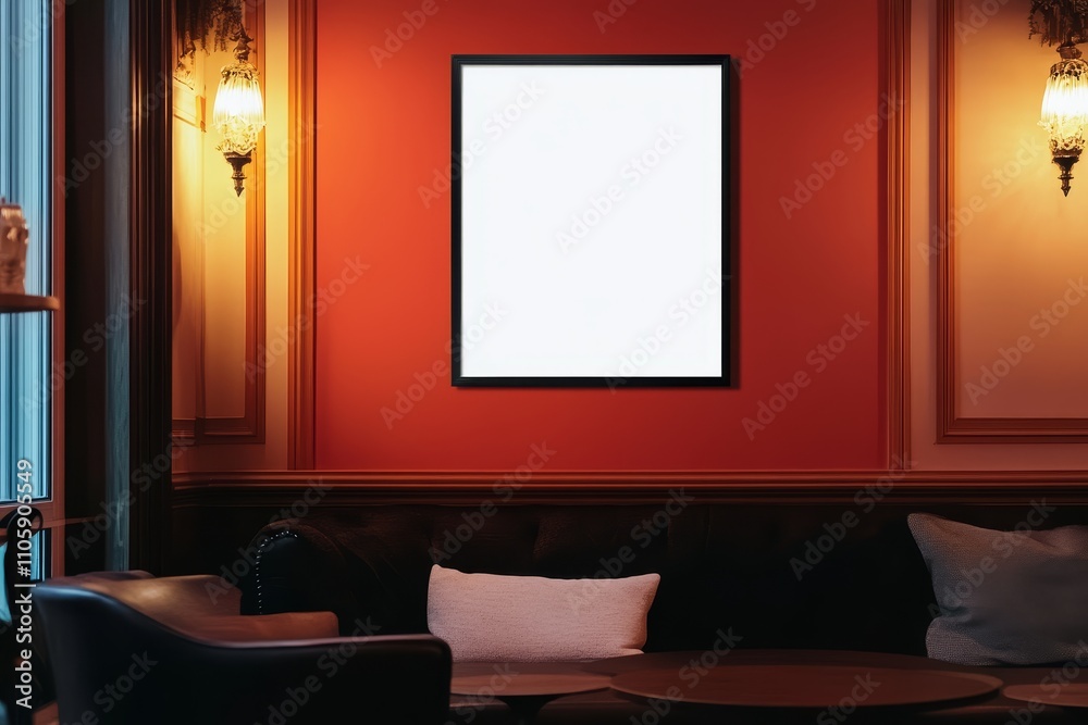 Cozy Interior with Blank Frame on Wall Surrounded by Elegant Lighting and Furniture in a Relaxing Lounge Atmosphere Cozy Interior with Blank Frame on Wall Surrounded by Elegant Lighting and Furniture in a Relaxing Lounge Atmosphere