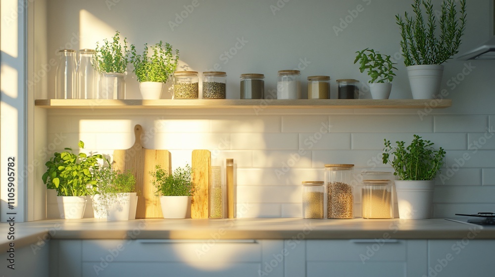 Fototapeta premium Sunlit kitchen shelves with herbs, spices, and cooking utensils.