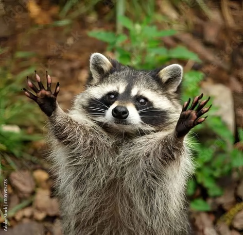 A raccoon is on its hind legs with its paws up in the air