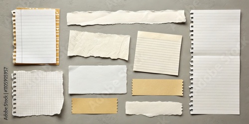 Collection of torn paper scraps and lined notebook pages perfect for crafting and design projects
