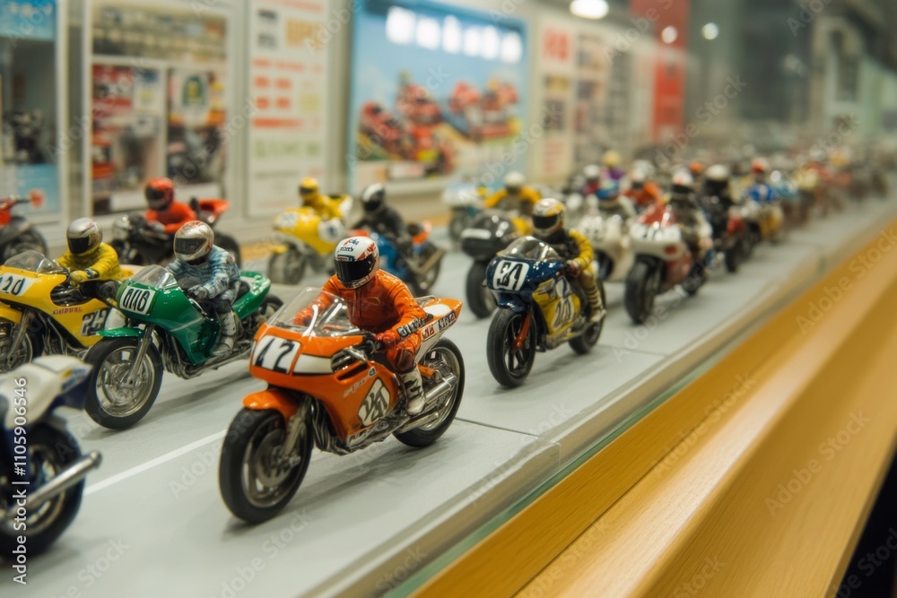 Detailed model motorcycle collection displayed in a showcase with vibrant colors and realistic designs Detailed model motorcycle collection displayed in a showcase with vibrant colors and realistic designs