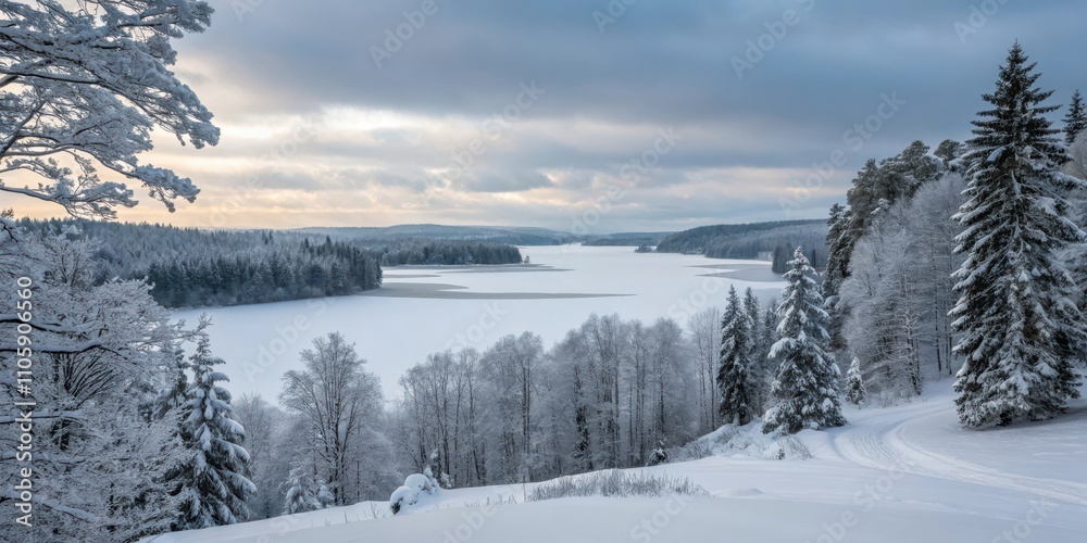 Serene Winter Landscape Frozen Lake Surrounded by Snow-Covered Evergreens and Deciduous Trees Under a Cloudy Sky Serene Winter Landscape Frozen Lake Surrounded by Snow-Covered Evergreens and Deciduous Trees Under a Cloudy Sky