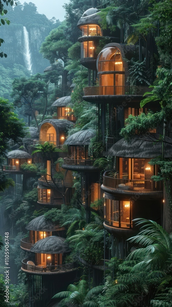 Obraz premium Whimsical and fantastical floating treehouses suspended in a lush verdant jungle landscape with a stunning waterfall backdrop This enchanting ethereal scene evokes a sense of escape adventure