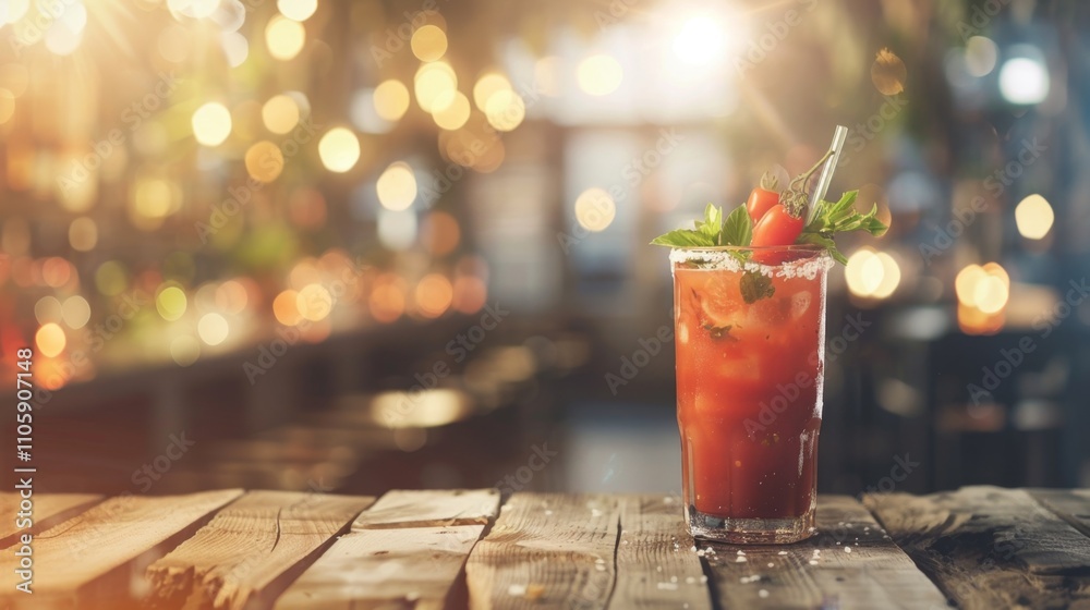 A glass of red drink with a straw in it sits on a wooden table. The drink is garnished with a tomato slice and a sprig of mint. The scene takes place in a bar or restaurant, with a few other tables A glass of red drink with a straw in it sits on a wooden table. The drink is garnished with a tomato slice and a sprig of mint. The scene takes place in a bar or restaurant, with a few other tables