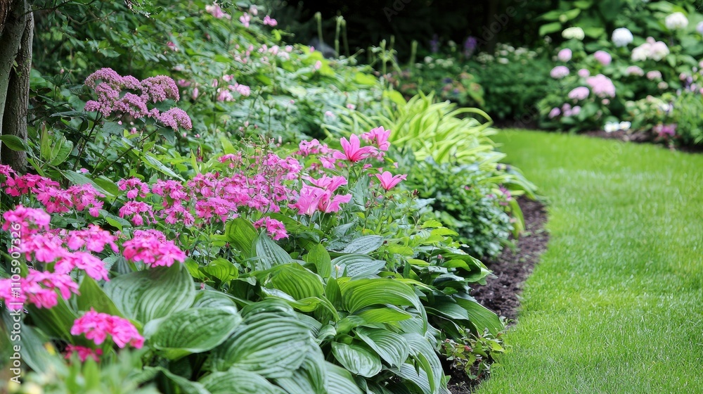 Garden with a focus on vibrant pink spring flowers among other blooms Garden with a focus on vibrant pink spring flowers among other blooms