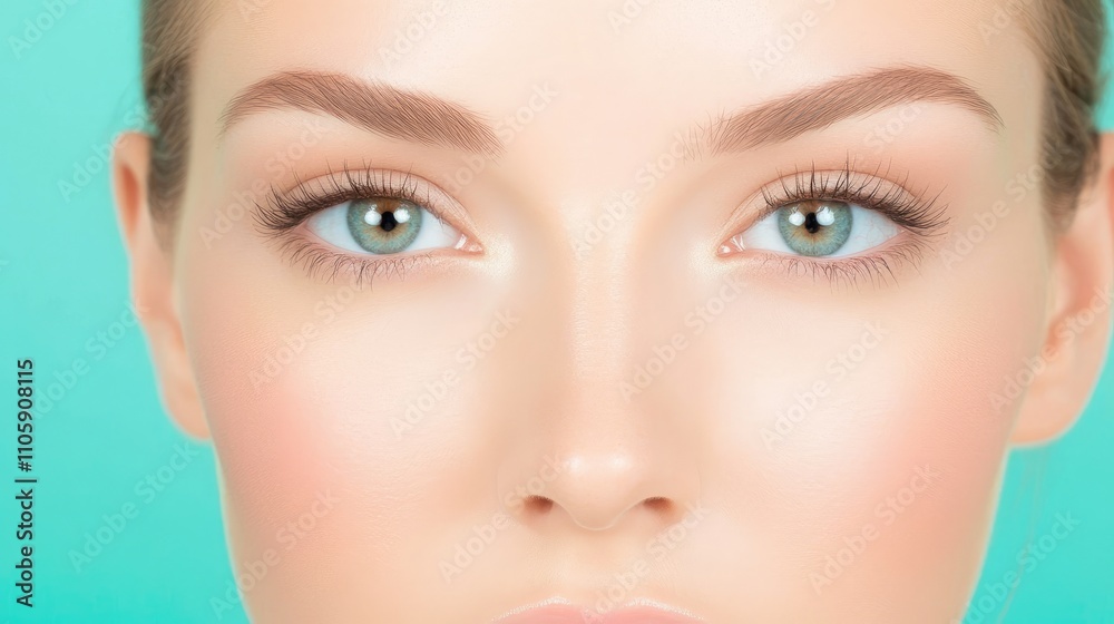 Beautiful Close-Up of a Woman's Face with Flawless Skin, Exquisite Eye Color, and Natural Makeup Against a Soft Turquoise Background for Beauty and Skincare Themes Beautiful Close-Up of a Woman's Face with Flawless Skin, Exquisite Eye Color, and Natural Makeup Against a Soft Turquoise Background for Beauty and Skincare Themes