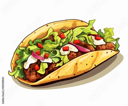 Cartoon-style illustration of taco filled with lettuce, tomatoes, and meat, highlighting vibrant colors on a clean white background.