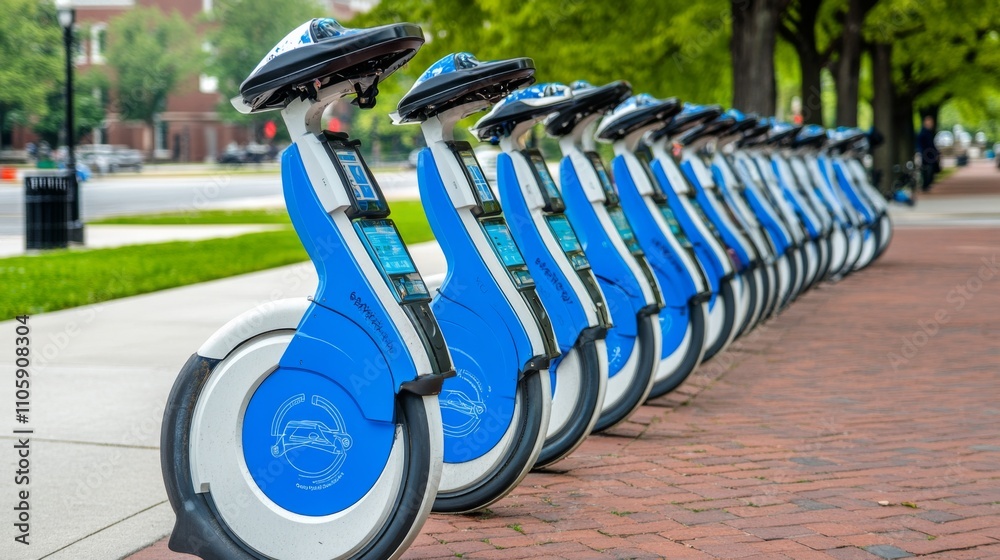 Bright blue bike-sharing stations lined up on a city sidewalk surrounded by green trees in spring Bright blue bike-sharing stations lined up on a city sidewalk surrounded by green trees in spring