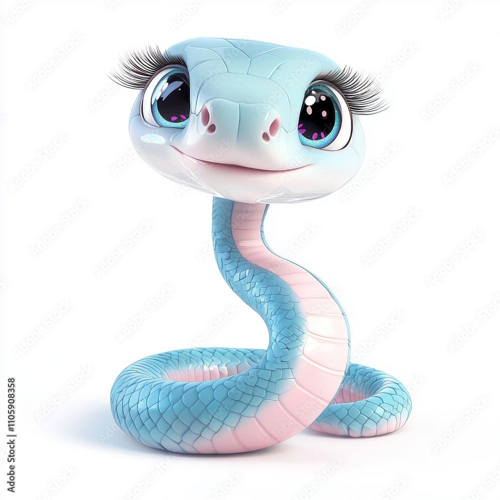 Fototapeta premium Smiling cartoon snake with big eyes and long eyelashes is posing on a white background, creating a cute and whimsical scene