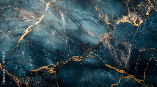 Luxurious dark blue marble texture with golden veins creating an elegant and sophisticated pattern, perfect for backgrounds, textures, and design projects