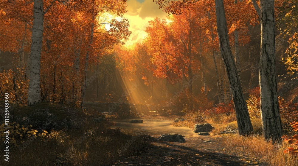 Serene Autumn Landscape with Colorful Foliage, Sunlight Streaming Through Trees, Reflections in Water, Peaceful Nature Scene Capturing the Essence of Fall Season Serene Autumn Landscape with Colorful Foliage, Sunlight Streaming Through Trees, Reflections in Water, Peaceful Nature Scene Capturing the Essence of Fall Season