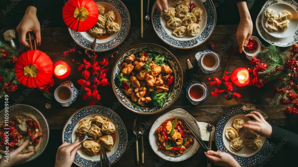 Overhead View of Rustic Chinese Dining Table Set with Delicious Dishes Overhead View of Rustic Chinese Dining Table Set with Delicious Dishes