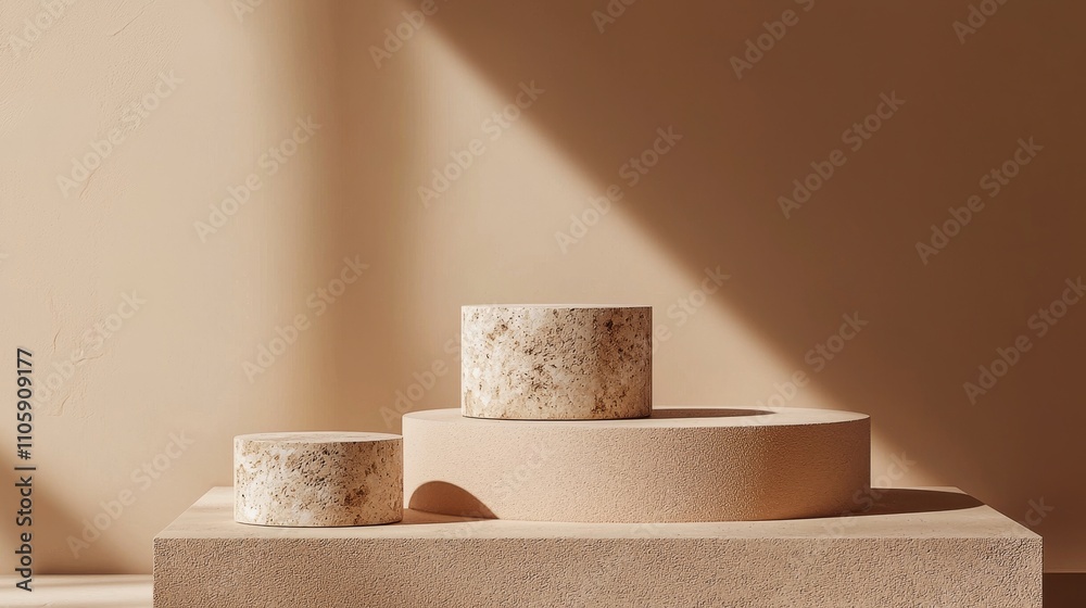 Three Stone Pedestals in Minimalist Composition with Soft Lighting and Shadows Three Stone Pedestals in Minimalist Composition with Soft Lighting and Shadows