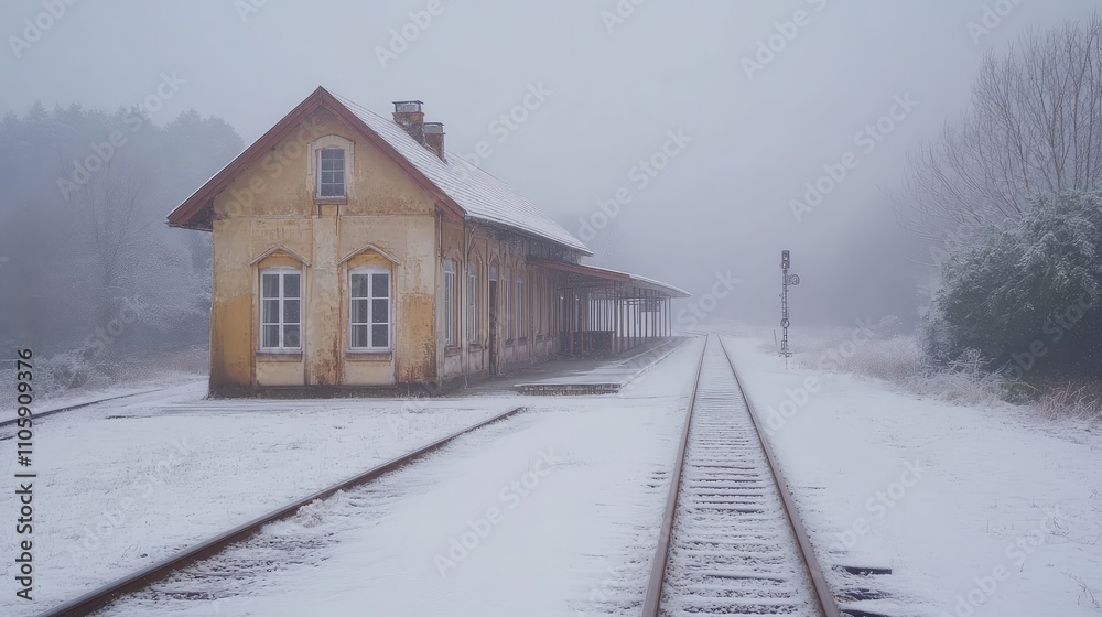 Empty, snow-laden railway track leading past an old rural train station with frosted windows Empty, snow-laden railway track leading past an old rural train station with frosted windows