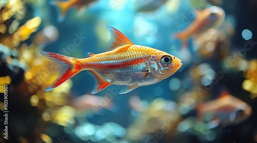 Vibrant Red Striped Cardinal Tetra Swimming in Planted Aquarium