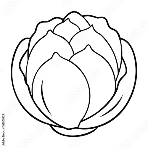 Black and white line art of a Brussels sprout with layered leaves