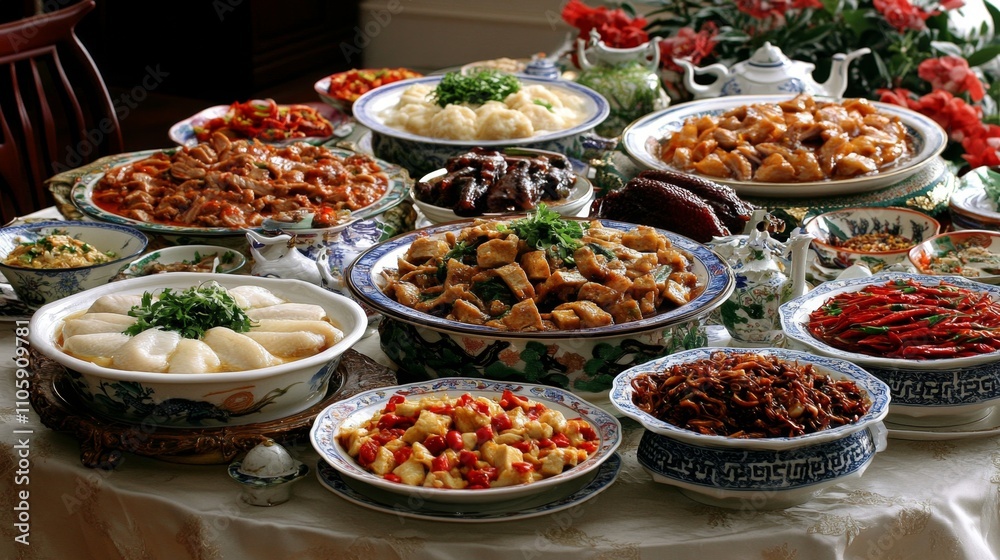 Traditional Chinese Banquet Table with Assorted Dishes and Decor Traditional Chinese Banquet Table with Assorted Dishes and Decor