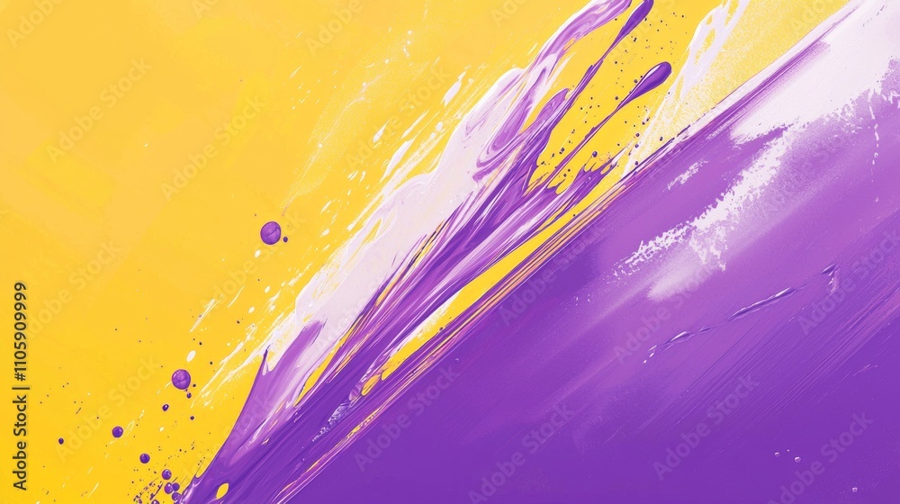 Purple and yellow paint strokes and splatters mix together on a canvas, creating a dynamic and visually appealing abstract artwork with white highlights Purple and yellow paint strokes and splatters mix together on a canvas, creating a dynamic and visually appealing abstract artwork with white highlights