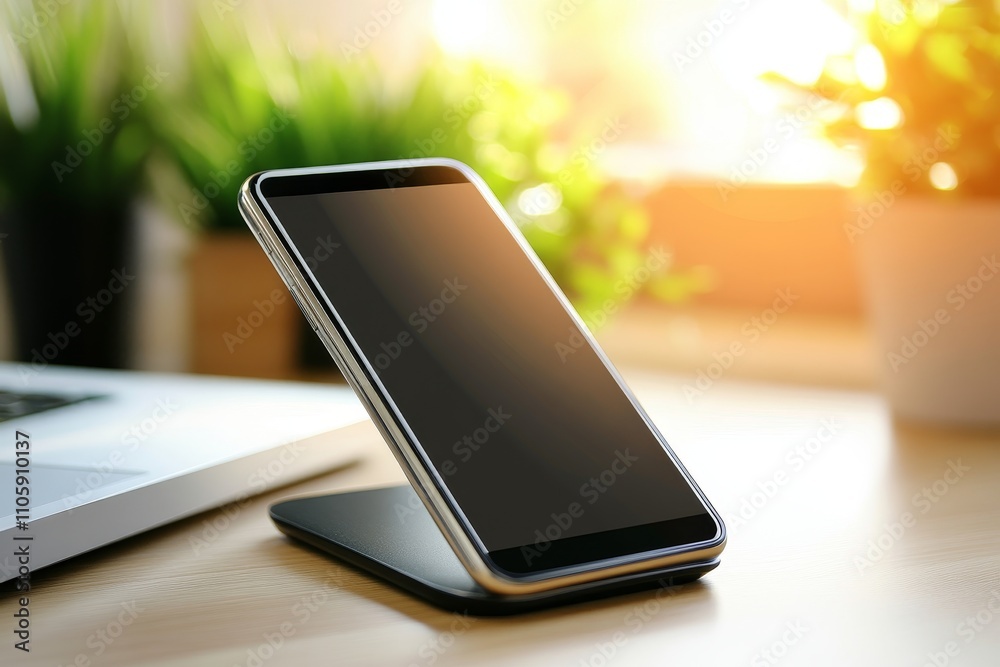 Elegant smartphone on a stylish dock resting on a wooden desk with soft natural lighting from a nearby window creating a warm atmosphere in a modern workspace Elegant smartphone on a stylish dock resting on a wooden desk with soft natural lighting from a nearby window creating a warm atmosphere in a modern workspace