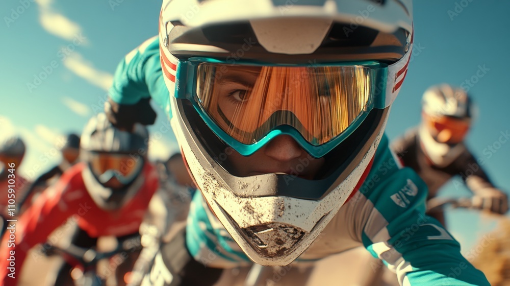Young motocross riders compete in an exciting race through sandy terrain under a clear blue sky Young motocross riders compete in an exciting race through sandy terrain under a clear blue sky