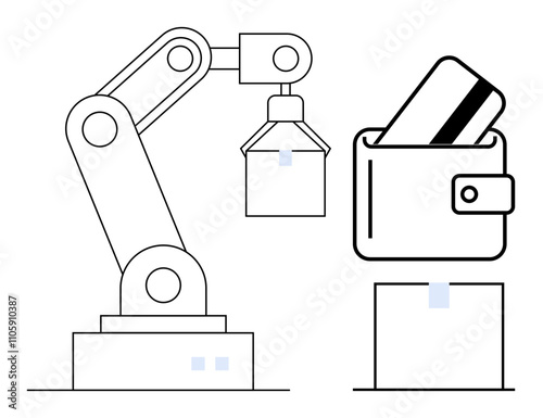 Robotic arm placing a credit card into a wallet, emphasizing automation and technology in finance. Ideal for fintech, AI, banking, automation, e-commerce, robotics in finance, and digital payments