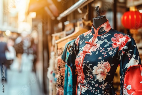 Elegant Traditional Chinese Dress Displayed in Bustling Market Street, Showcasing Vibrant Floral Patterns and Cultural Heritage in a Lively Shopping Atmosphere