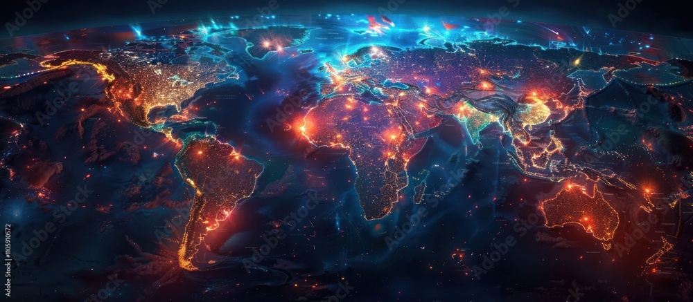 Mesmerizing aerial view of a glowing world map illuminating the night sky showcasing the intricate network of global connectivity and technological advancements that power our modern world Mesmerizing aerial view of a glowing world map illuminating the night sky showcasing the intricate network of global connectivity and technological advancements that power our modern world