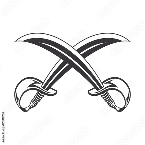 Two curved sabers crossed as a symbol in a pirate style like vintage in vector on a white background in monochrome