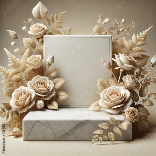 Luxurious Beige Rose Floral Arrangement with Stone Pedestal