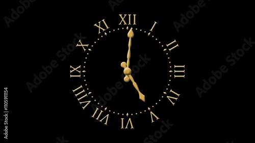 animated Vintage Roman wall clock 24 hours seamless rotation. animation video footage isolated on alpha channel(transparent) background.