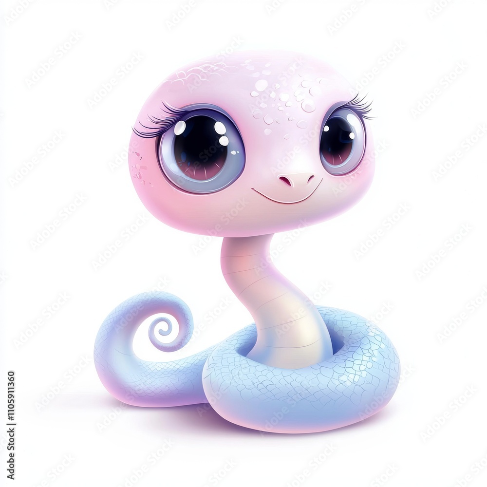 Fototapeta premium Adorable baby snake with big, innocent eyes and a charming smile is gently curled up, creating a heartwarming and captivating scene