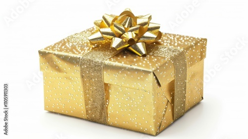 A shiny, golden gift box adorned with a bow, symbolizing celebration and surprise, perfect for special occasions.