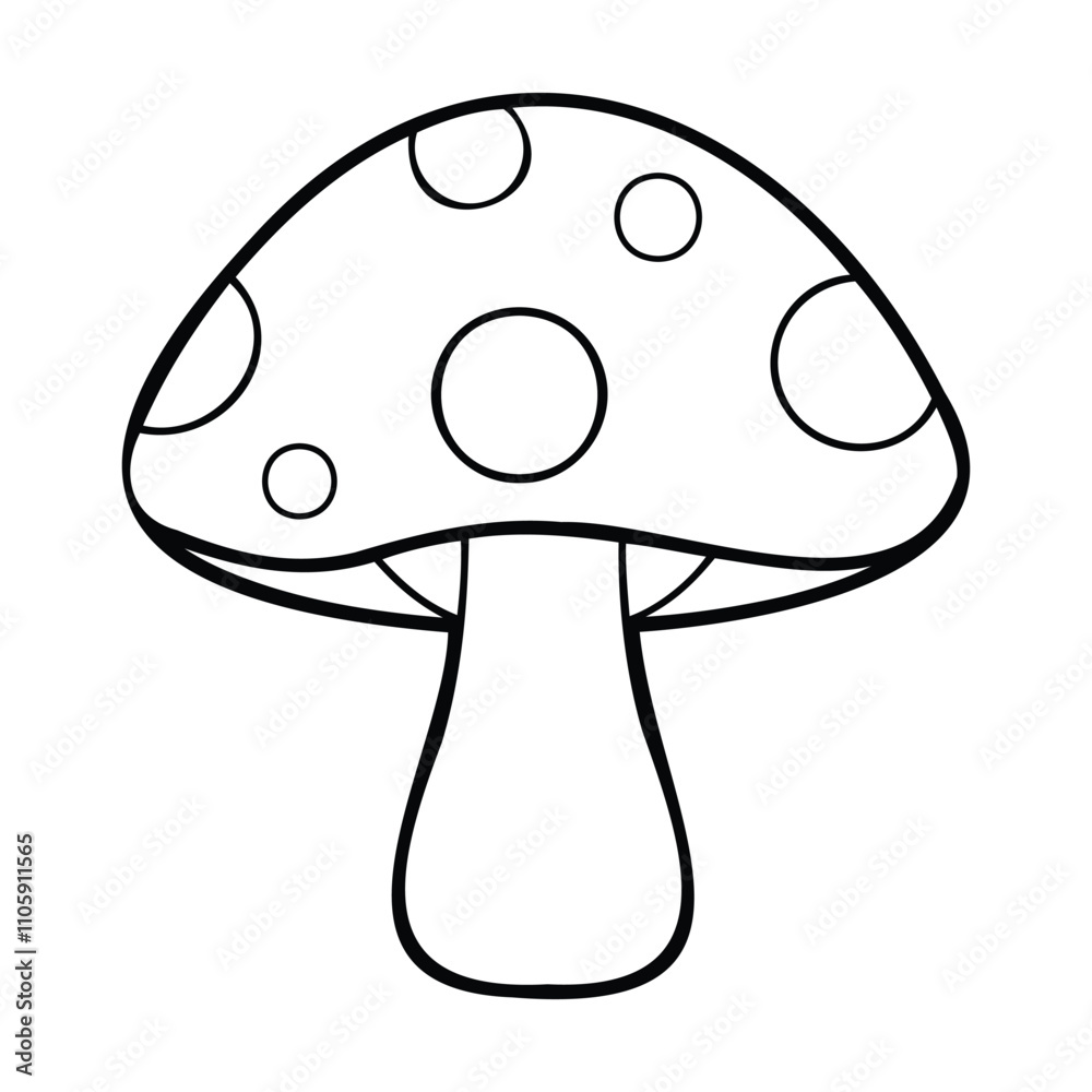 Simple black and white outline of a mushroom with a polka dotted cap Simple black and white outline of a mushroom with a polka dotted cap
