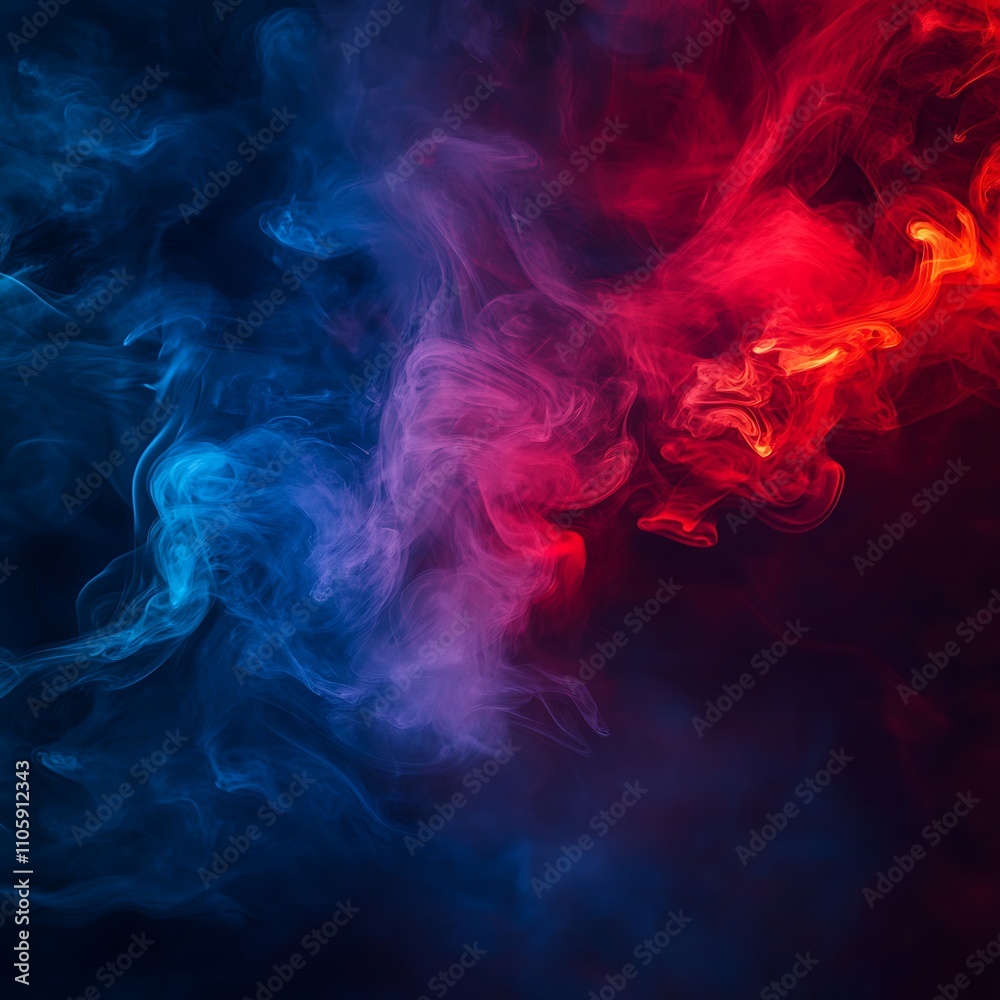 Bold red and blue waves with glowing smoke against black background.