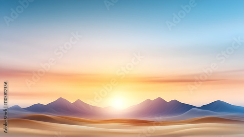 Desert landscape featuring distant mountains and rocky terrain under a sunset sky