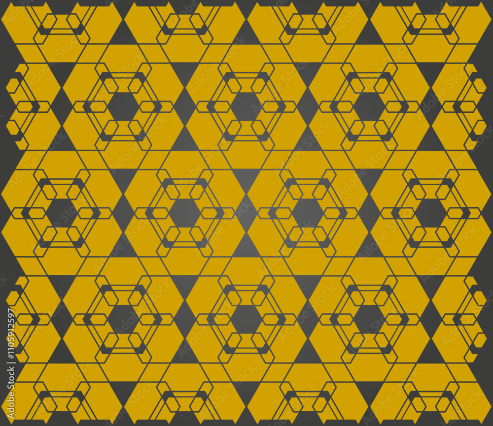 Ornement décoratif Motif abstrait Diamant Flocon Carré Réseau de style Art Déco géométrique Doré Or sur Fond Noir