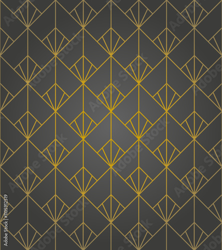 Ornement décoratif Motif abstrait Diamant Flocon Carré Réseau de style Art Déco géométrique Doré Or sur Fond Noir