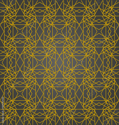 Ornement décoratif Motif abstrait Diamant Flocon Carré Réseau de style Art Déco géométrique Doré Or sur Fond Noir