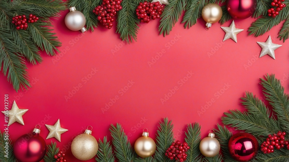 Christmas-themed image with a green background, featuring festive decorations on the left side. Include a red and green striped gift box with a ribbon, golden and red baubles, gold stars, red berries, Christmas-themed image with a green background, featuring festive decorations on the left side. Include a red and green striped gift box with a ribbon, golden and red baubles, gold stars, red berries,