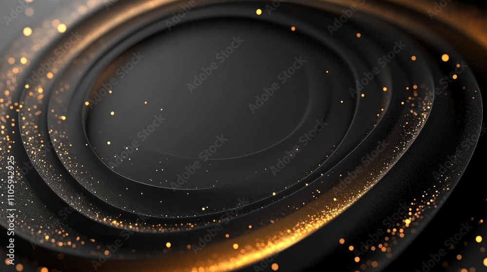 Naklejka premium Abstract black and gold swirling design with glowing particles, perfect for backgrounds or presentations.