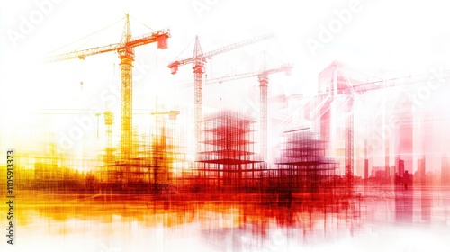 Abstract portrayal of construction cranes and building structures showcasing modern urban development in vibrant colors and dynamic movement effects.