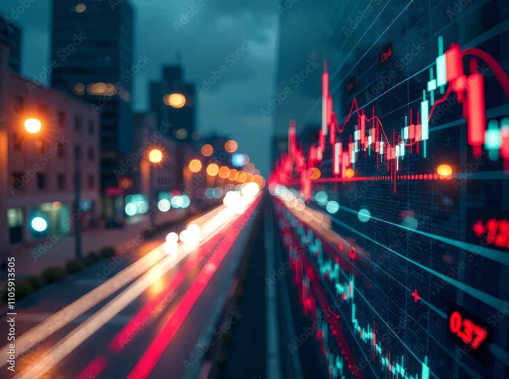 Night City Stock Market Double Exposure - 3D Graph Trend