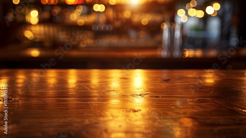 Empty wooden table with christmas theme in background, Warm Glow: A Cozy Evening at a Wooden Table
