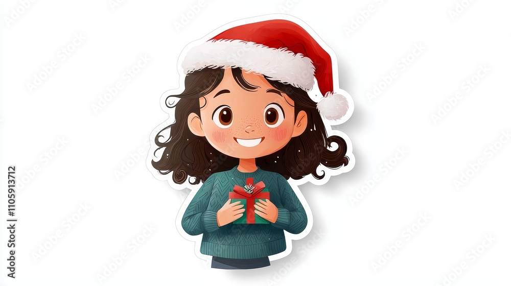 Smiling Cartoon Girl in Christmas Sticker Design