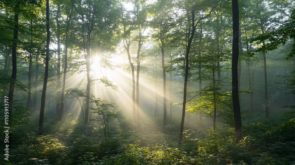 Obraz premium Sun rays piercing through misty forest.